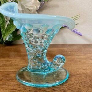 Vintage Blue Opalescent Hobnail Cornucopia Vase – Fenton Style Art Glass